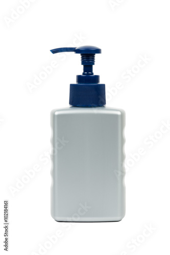 Gray cleanser or lotion bottle with pump on white background