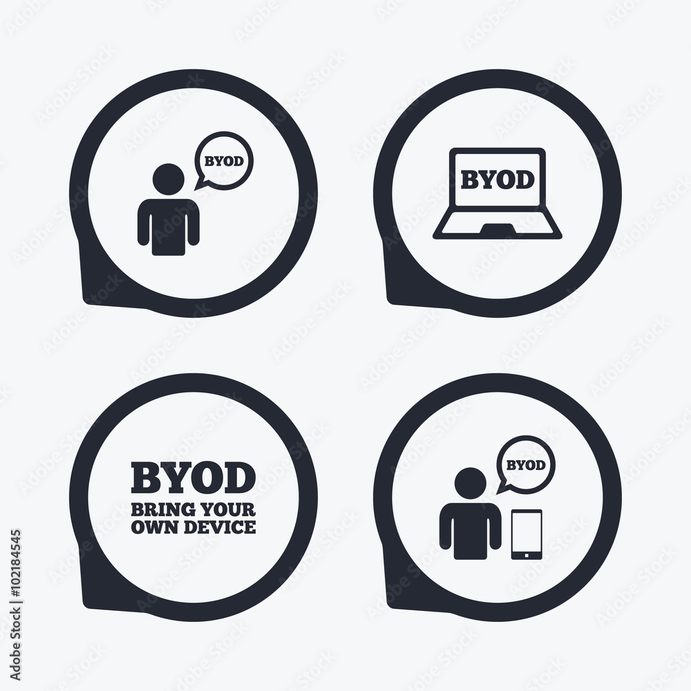BYOD signs. Human with notebook and smartphone. BYOD signs. Human with notebook and smartphone.