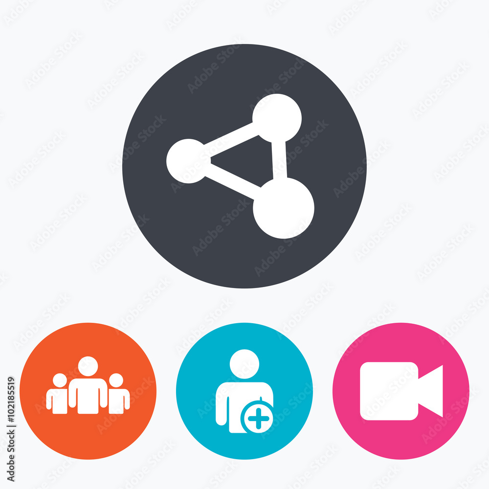 Group of people and share icons. Video camera. Group of people and share icons. Video camera.