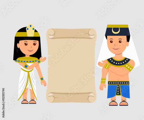 Egyptian man and a woman holding a papyrus. Isolated Egyptian papyrus and characters on a light background