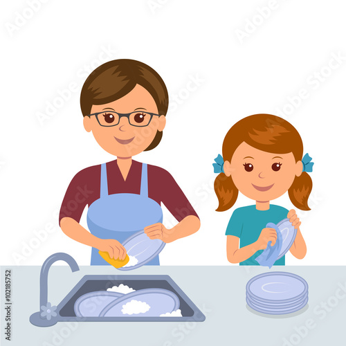 Mother and daughter washing the dishes. Concept joint work of mothers and daughters. Daughter helps mother clean up in the kitchen.
