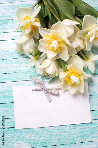 Fototapeta Naklejka Na Ścianę i Meble -  White daffodils flowers and empty tag