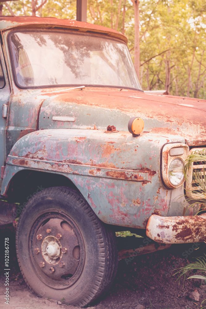 Abandoned Car - Old rusty car in green forest. Vintage picture style.