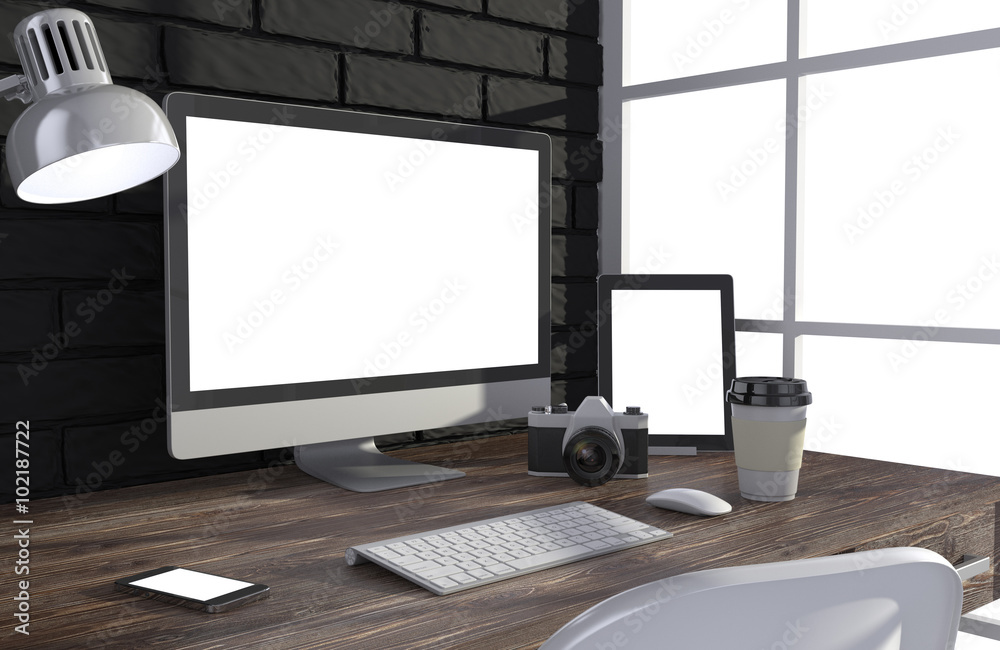 Fototapeta premium 3D illustration PC screen on table in office, Workspace