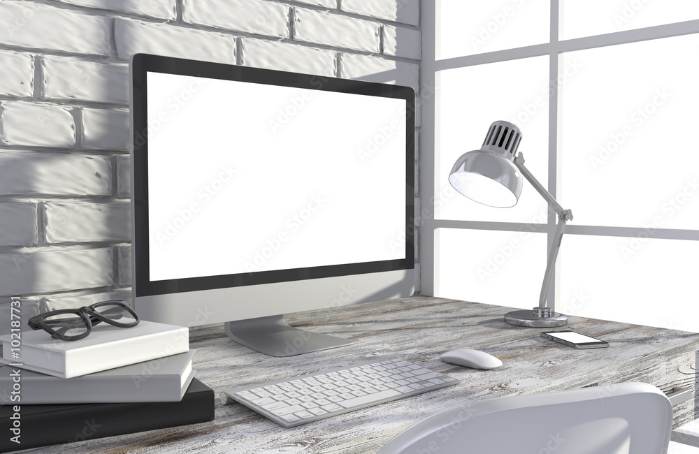 Fototapeta premium 3D illustration PC screen on table in office, Workspace