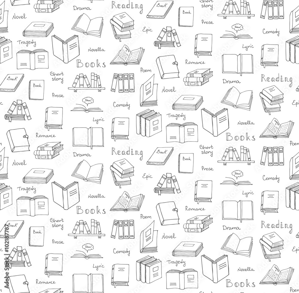 Seamless background hand drawn doodle Books and Reading set Vector illustration Sketchy book icons elements Symbols of reading and learning Book club Back to school Education University College symbol