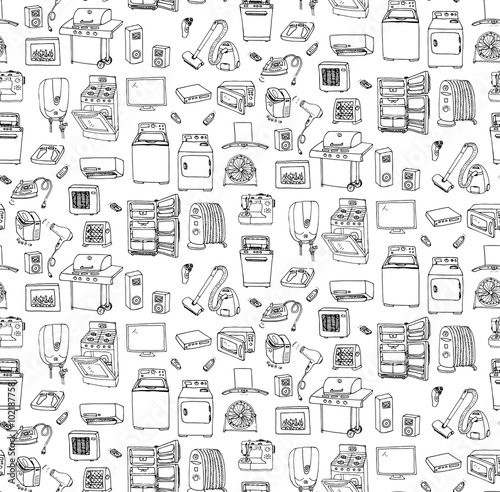 Seamless background hand drawn doodle Home appliance vector illustration Cartoon icons set Various household equipment Major appliances Consumer electronics Kitchenware Freehand vector sketches