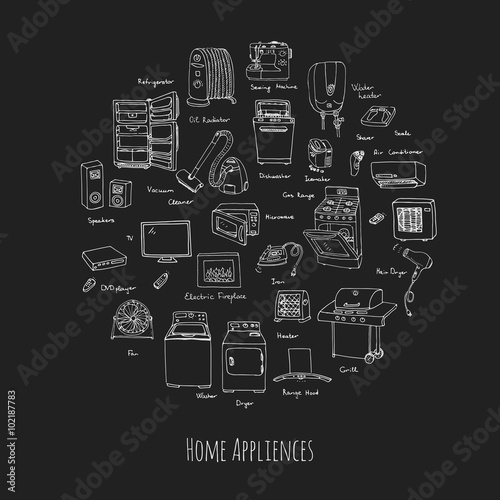 Hand drawn doodle Home appliance vector illustration Cartoon icons set Various household equipment and facilities Major and small appliances Consumer electronics Kitchenware Freehand vector sketches