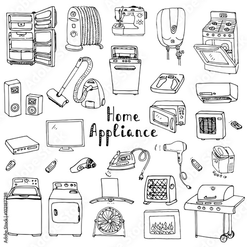 Hand drawn doodle Home appliance vector illustration Cartoon icons set Various household equipment and facilities Major and small appliances Consumer electronics Kitchenware Freehand vector sketches