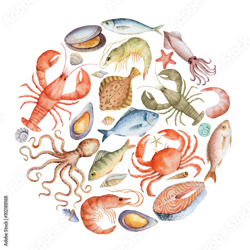 Watercolor set of seafood.