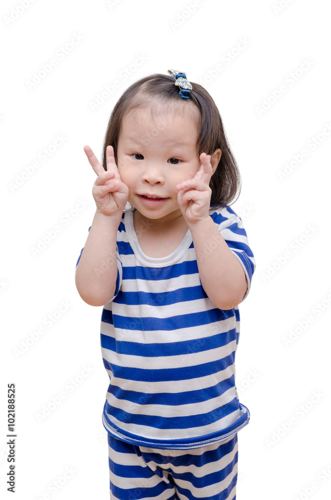 Little Asian girl showing victory hands and smiles Little Asian girl showing victory hands and smiles