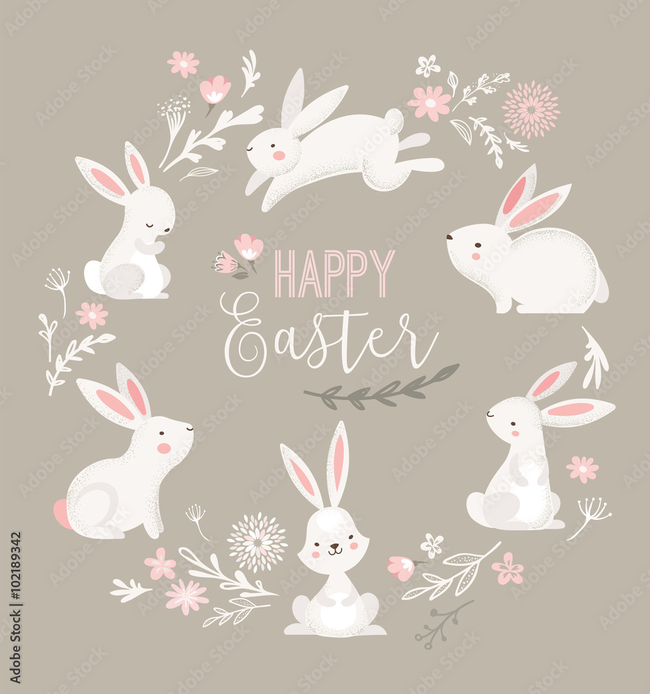 Fototapeta premium Easter design with cute banny and text, hand drawn illustration