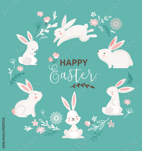 Easter design with cute banny and text, hand drawn illustration