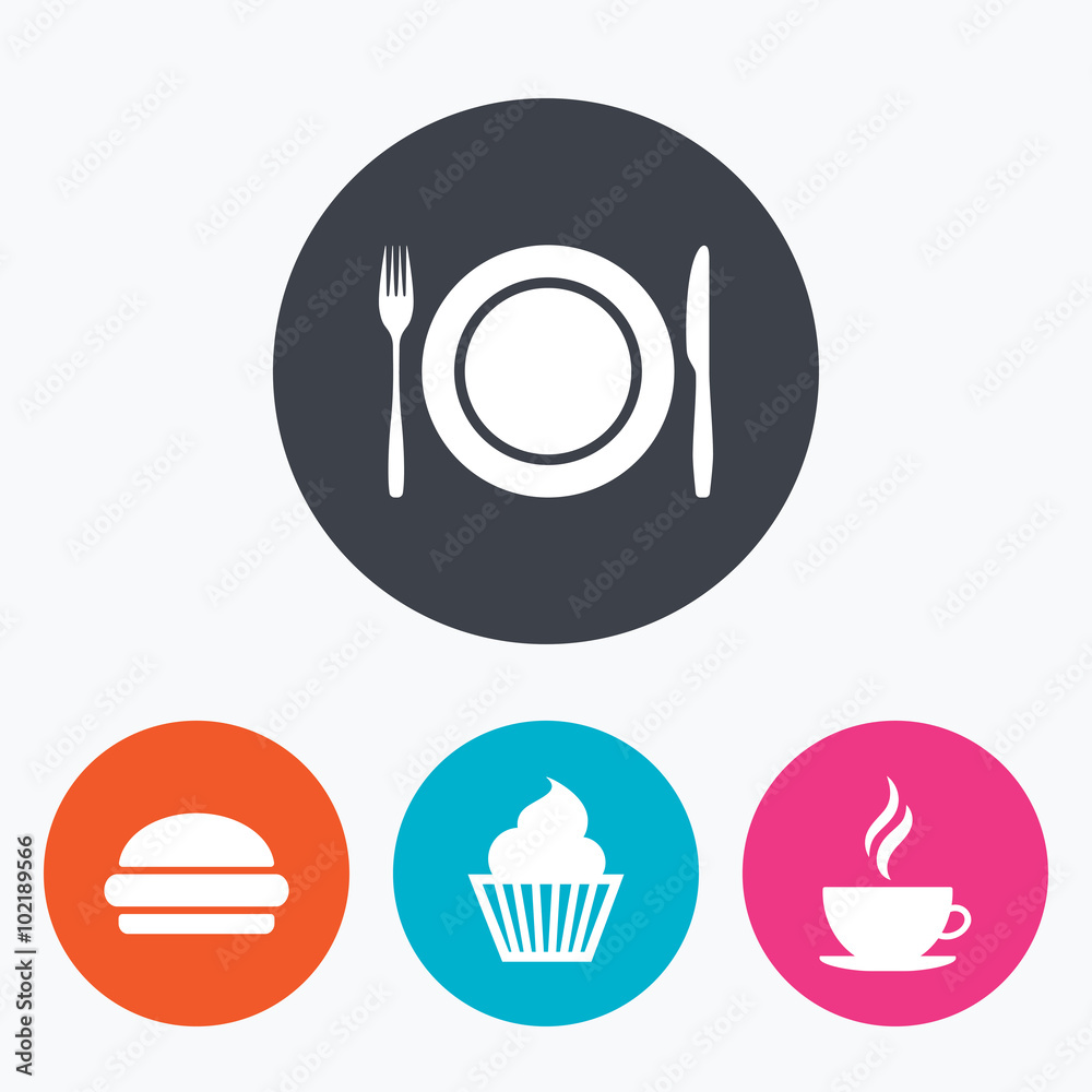 Food icons. Muffin cupcake symbol. Fork, knife. Food icons. Muffin cupcake symbol. Fork, knife.