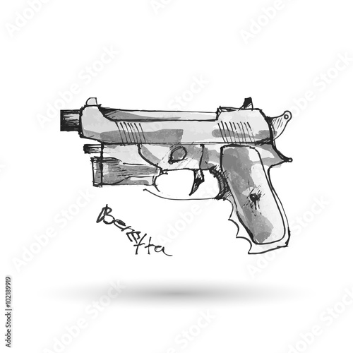 Hand drawn pistol Beretta isolated on white. Vector illustration