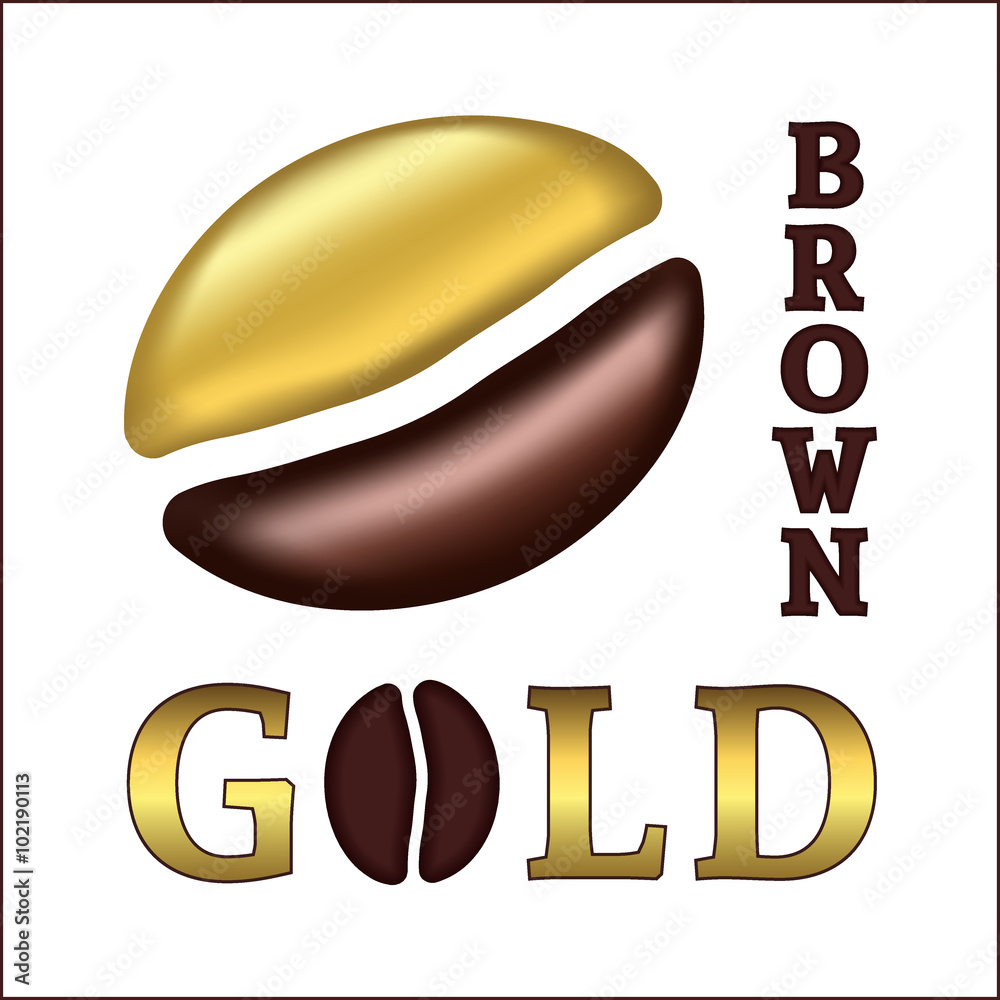 Golden coffee bean. Logo gold and brown font. Template for design menu
