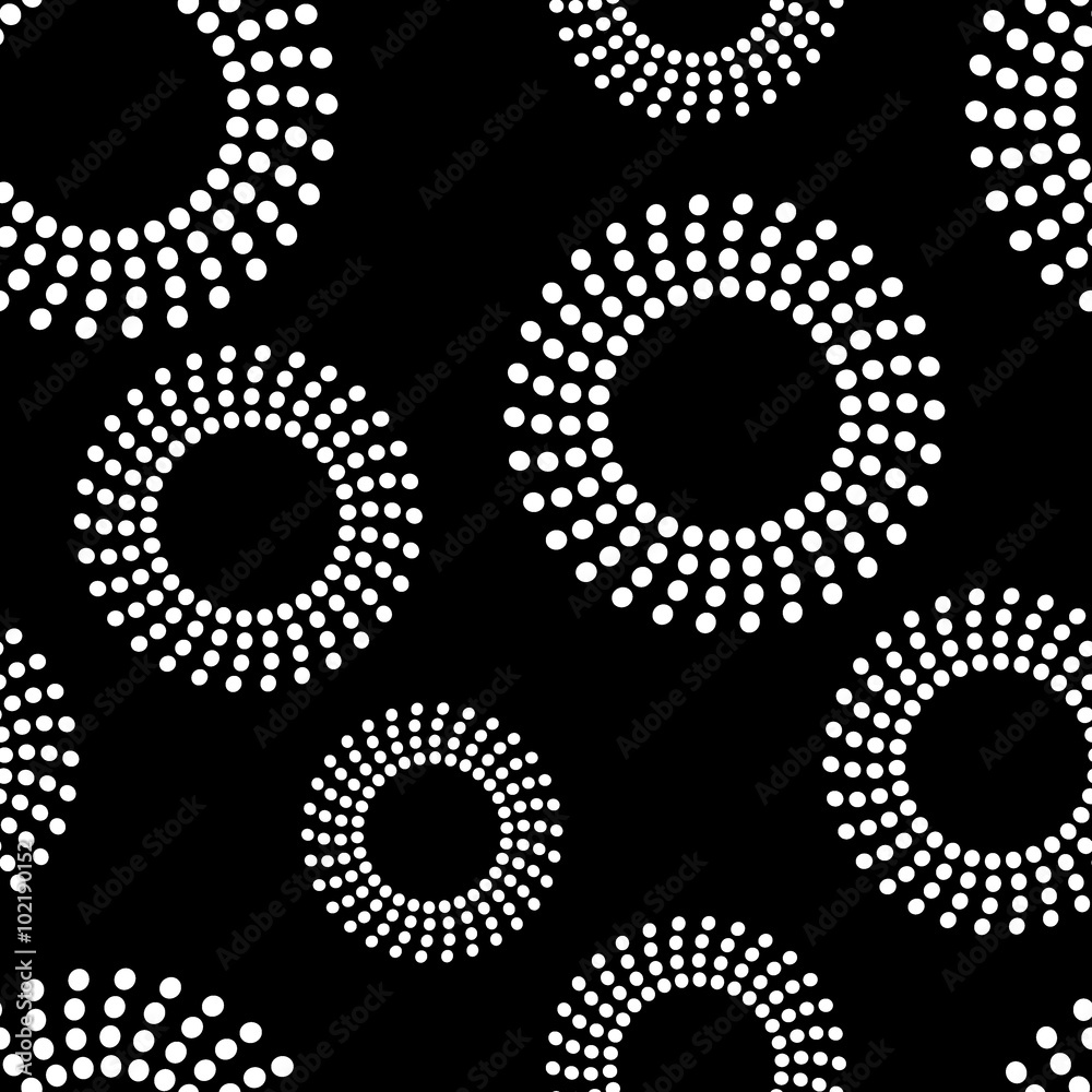 Round geometric seamless pattern. Concentric circles on black background. Fashion graphic design. Modern stylish abstract texture. Template 4 prints, textiles, wrapping, wallpaper. VECTOR illustration