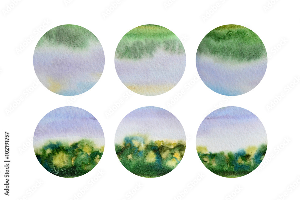 Set of six watercolor circle shapes with a landscape Set of six watercolor circle shapes with a landscape