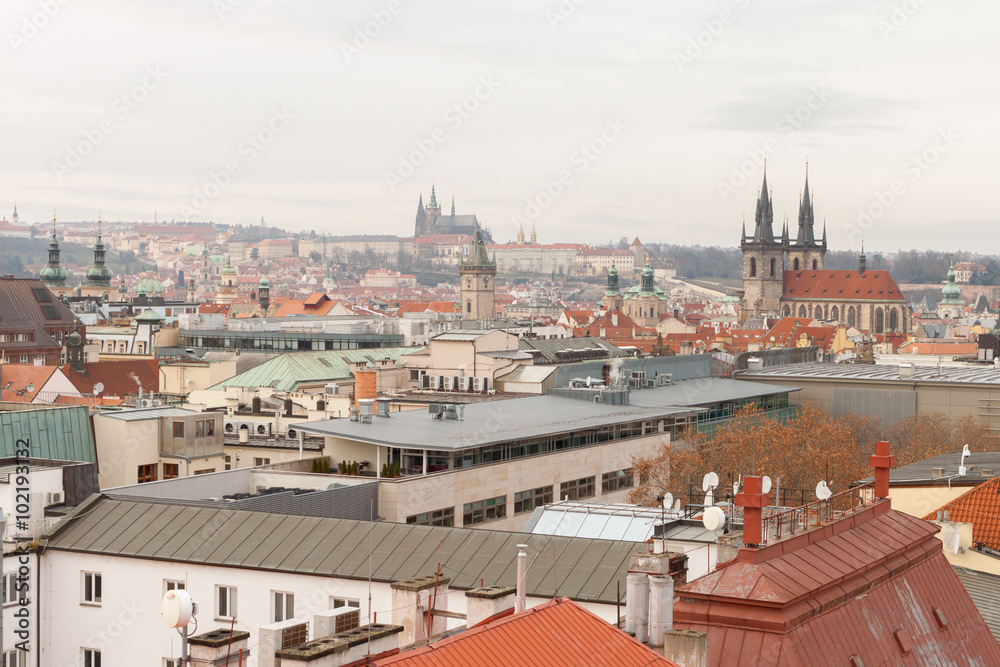 Prague, Czech Republic, Old Town in a retro style winter, cold toning. color images of Europe with space for text.