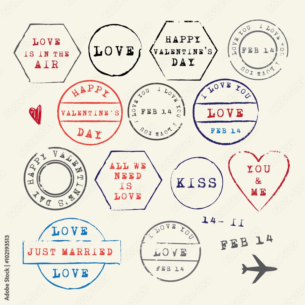 Obraz premium Wedding and Valentine's Day stamp set. Love symbols. Wedding and Valentine's Day stamp set. Love symbols. Vector illustration