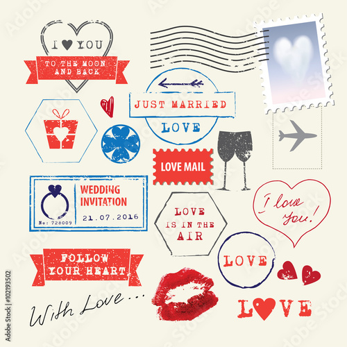 Wedding and Valentine's Day stamp set. Love symbols. Wedding and Valentine's Day stamp set. Love symbols. Vector illustration