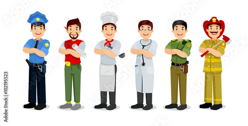 Set of colorful profession man flat style icons policeman, artist, cooker, military, doctor, firefighter. 