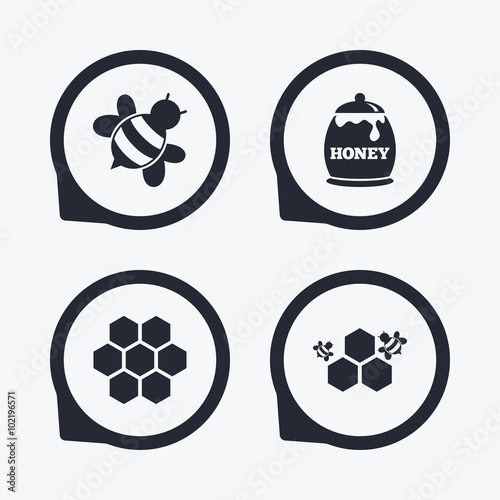 Honey icon. Honeycomb cells with bees symbol.