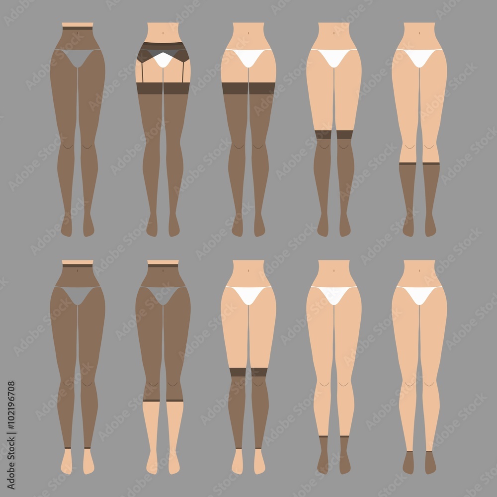 Vector illustration. Hosiery elements - tights, stockings, golfs, leg warmers, socks. Woman lingerie icons set. Silhouettes of female underwear. Vector illustration. Hosiery elements - tights, stockings, golfs, leg warmers, socks. Woman lingerie icons set. Silhouettes of female underwear.