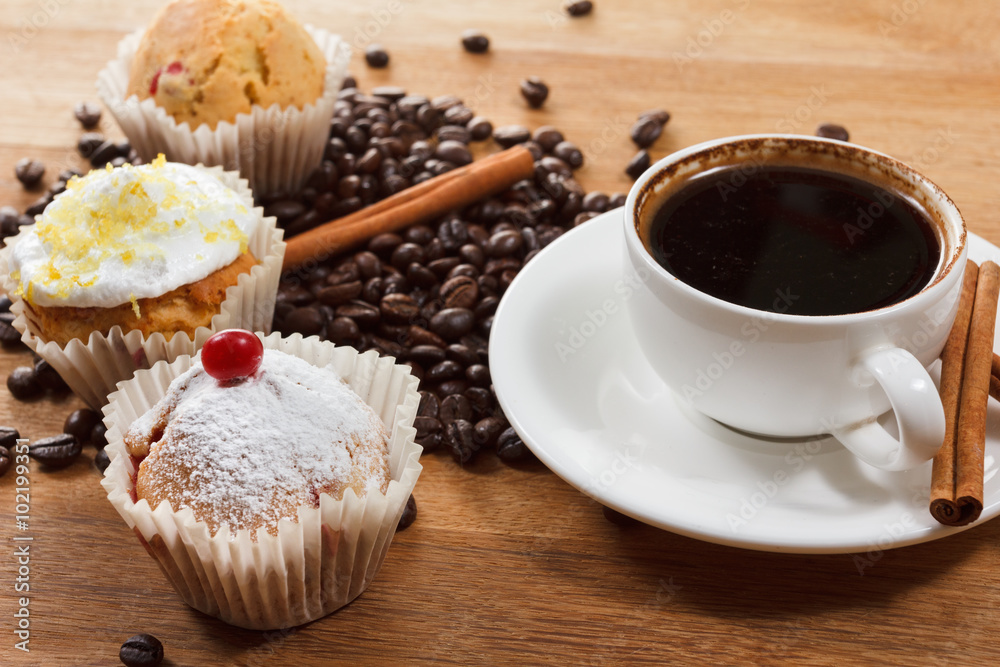 Sweet muffin and coffee. Overhead view Sweet muffin and coffee. Overhead view