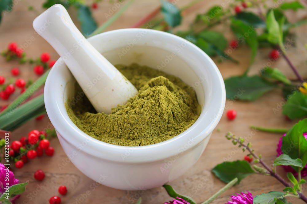 Fresh herbs powder in the mortar, alternative medicine Fresh herbs powder in the mortar, alternative medicine