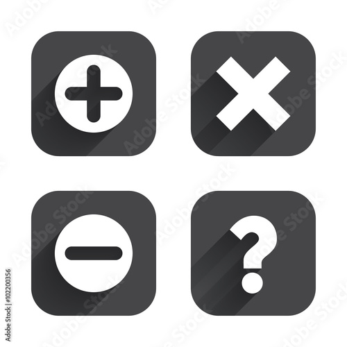 Plus and minus icons. Question FAQ symbol.