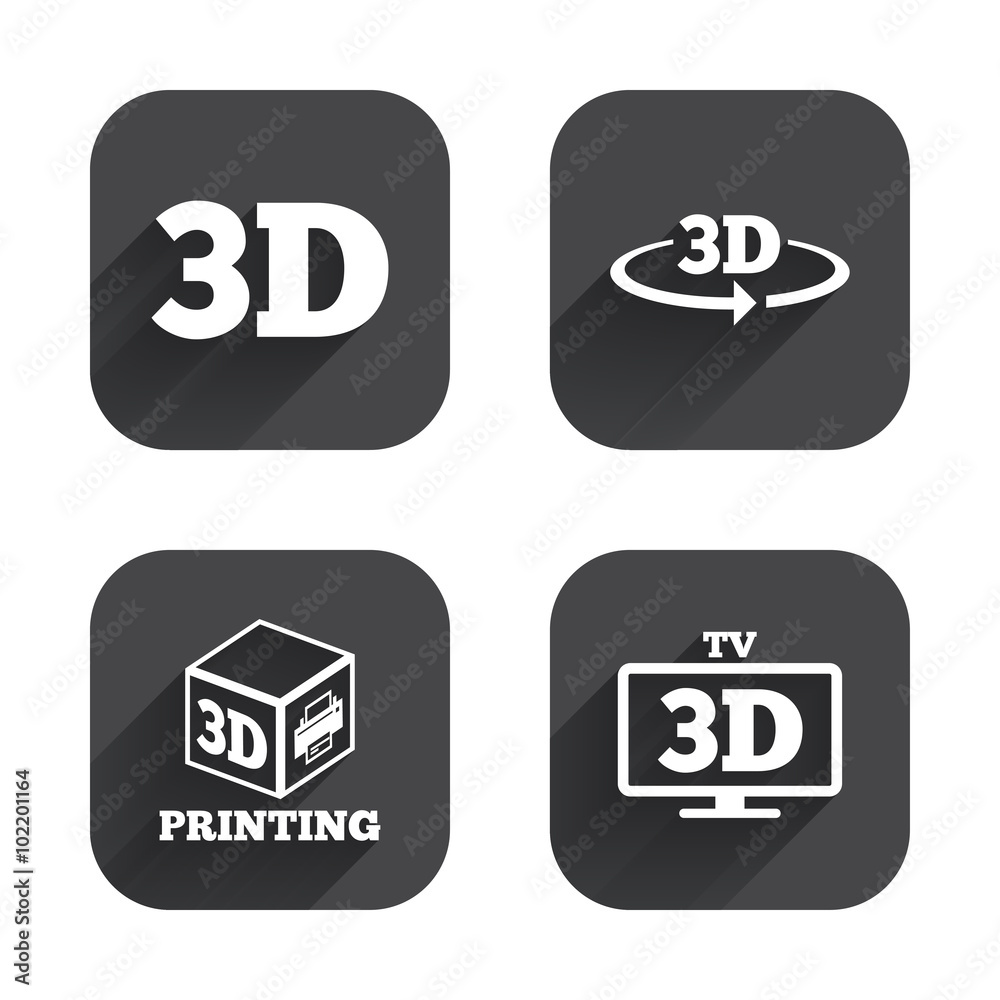 3d technology icons. Printer, rotation arrow.