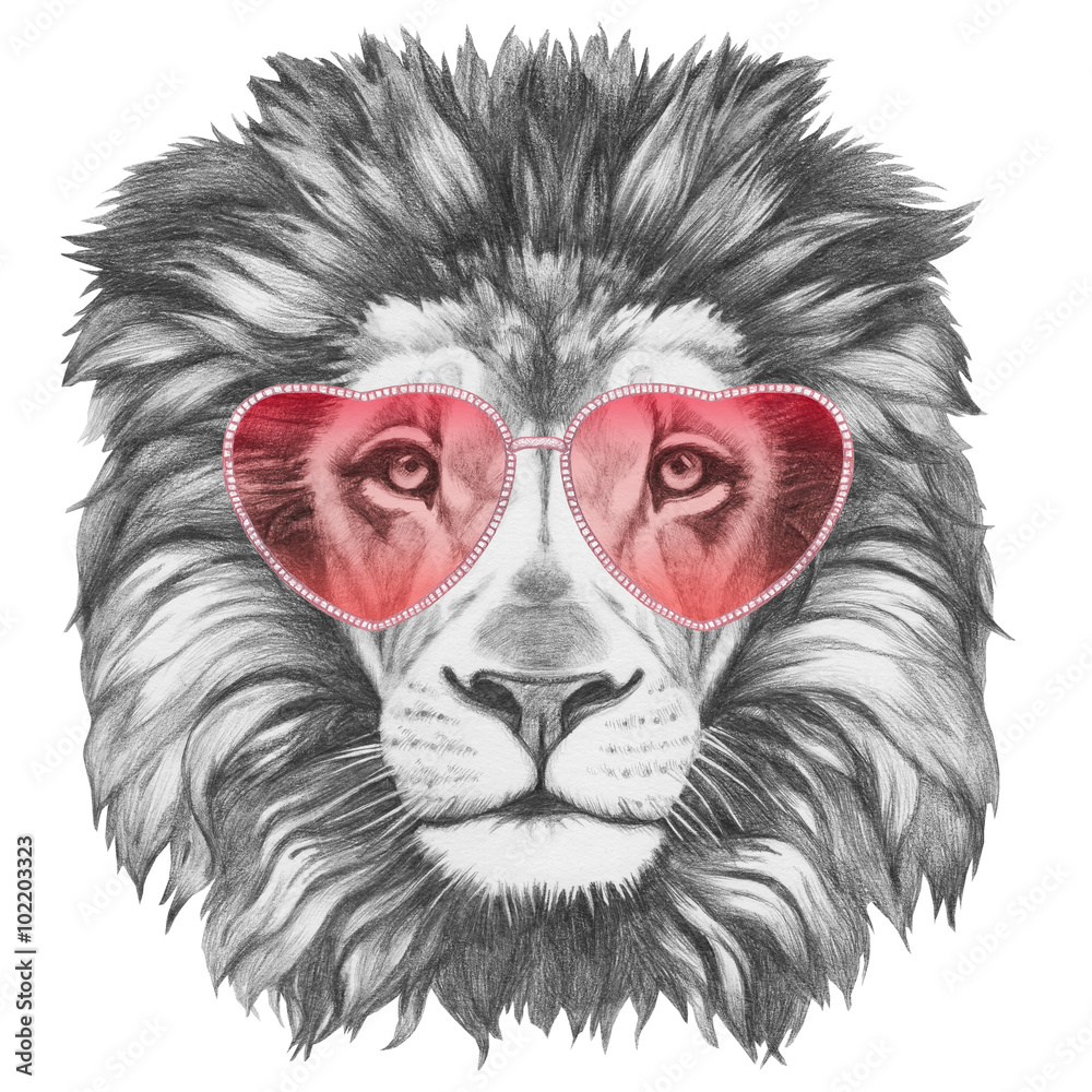 Fototapeta premium Lion in Love! Portrait of Lion with heart shaped sunglasses. Hand drawn illustration.
