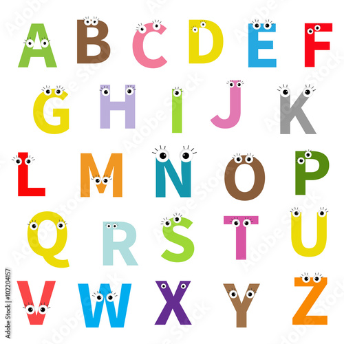 Alphabet. English abc. Letters with face, eyes. Education cards for kids Isolated White background Flat design