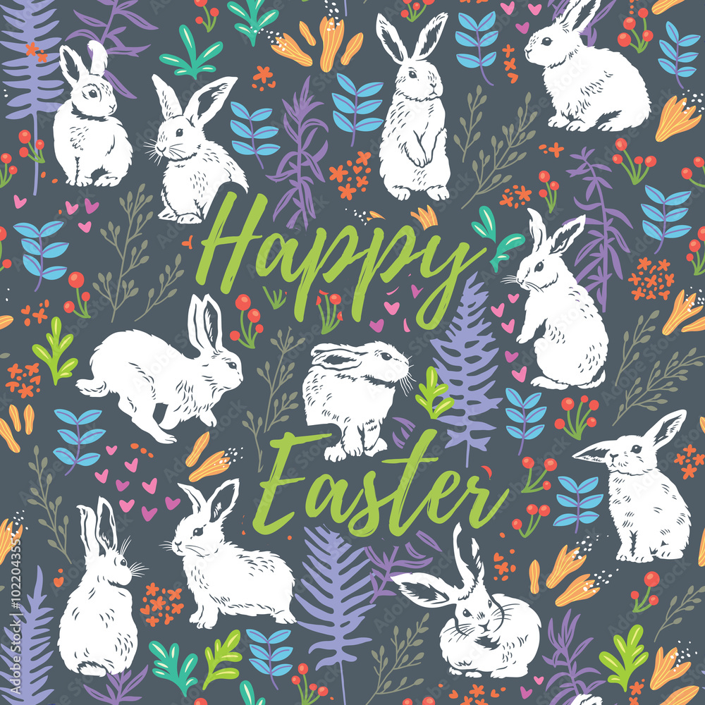 Happy Easter floral card with white rabbits