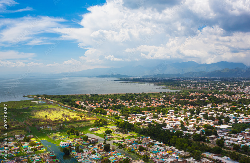 Aerial view on ​the city and big lake