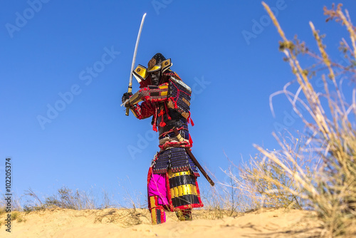 Samurai in ancient armor, with a sword. warrior