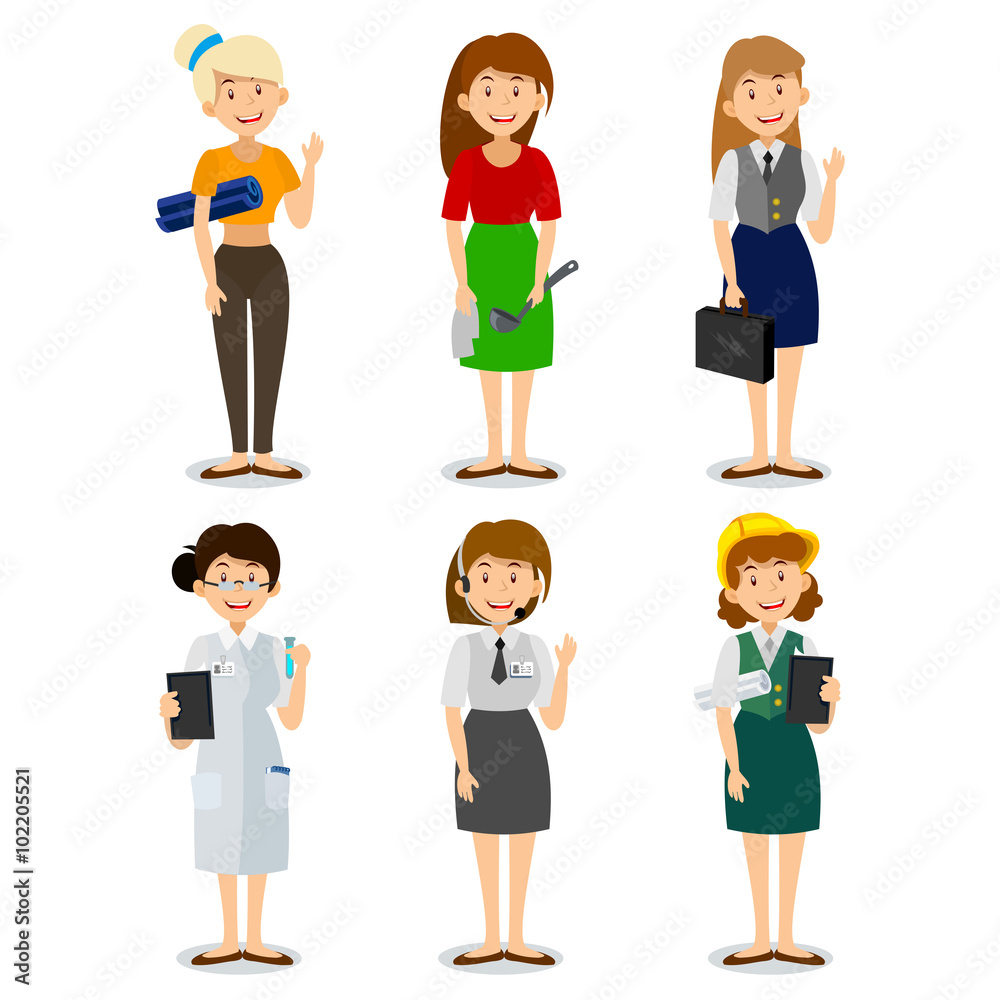Set of colorful profession woman flat style icons engineer, a housewife, a yoga instructor, researcher, entrepreneur, consultant on the phone.  Vector characters of different professions
