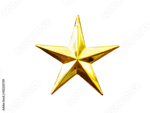 Golden Christmas Star isolated on white Background. Top View Close-Up Gold Star render  isolated on white and clipping path 
