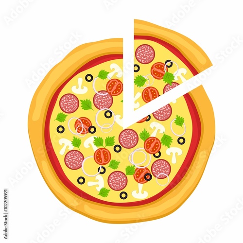 Pizza in flat style isolated on white background. Icon food silhouette. Vector illustration