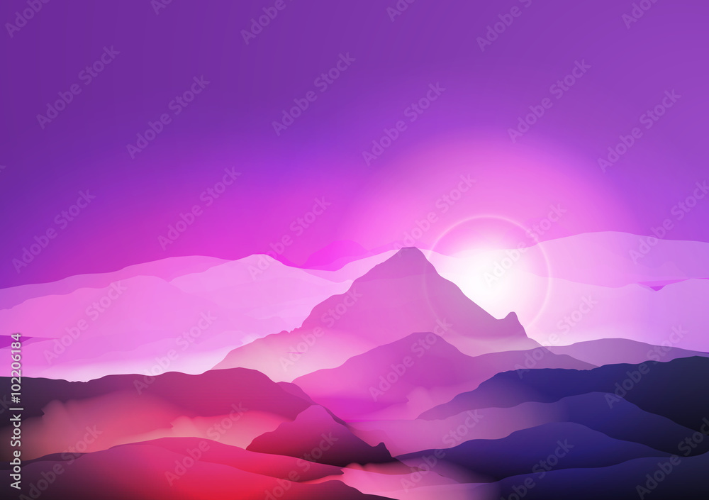 Purple Mountains in Fog Sunrise - Vector Illustration