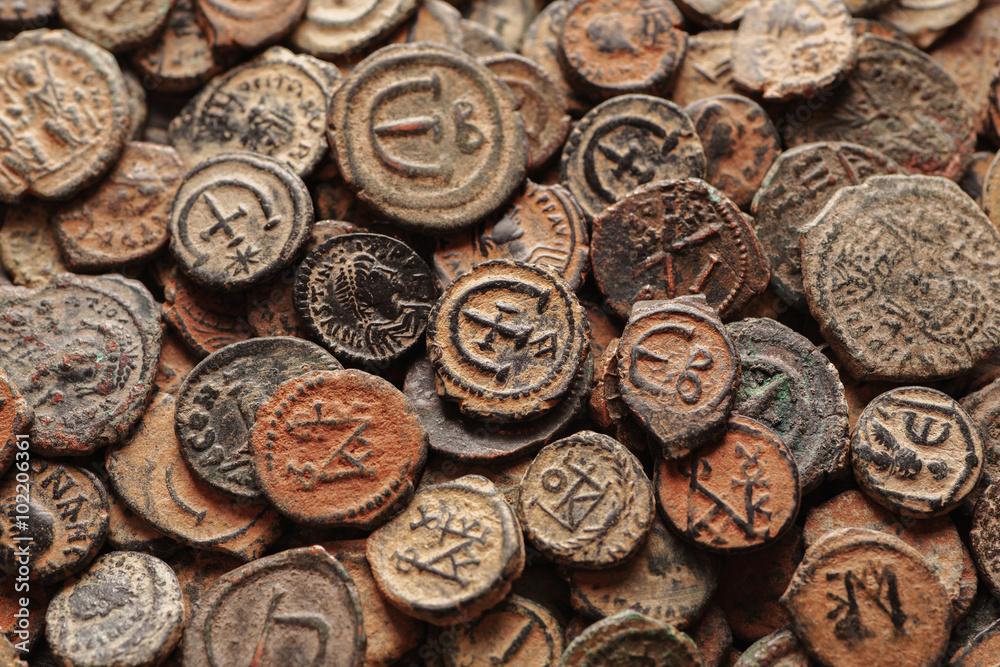 Ancient Byzantine copper coins top view