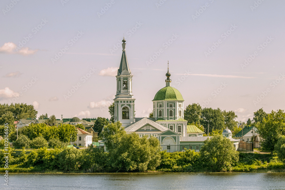 A landscape Church on the coast of the Volga River