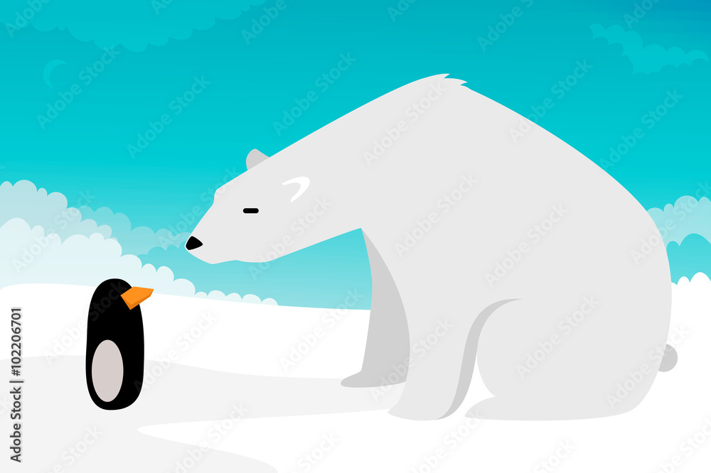 Fototapeta premium Polar bear vs Penguins vector illustration