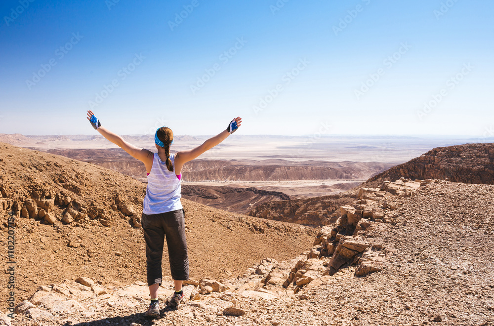Happy woman relax in hot israel desert Happy woman relax in hot israel desert