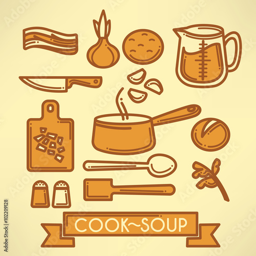 cook soup, vector line art food collection