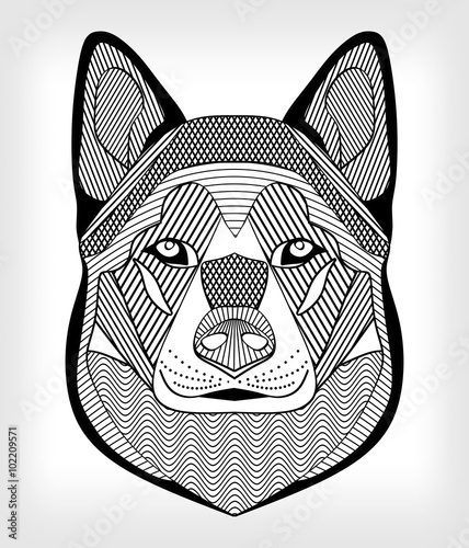 Malamute hound head, black and white drawing on gray background. Isolated symmetric head with hatching and patterns. For use as tattoo template, club emblem, cynology events