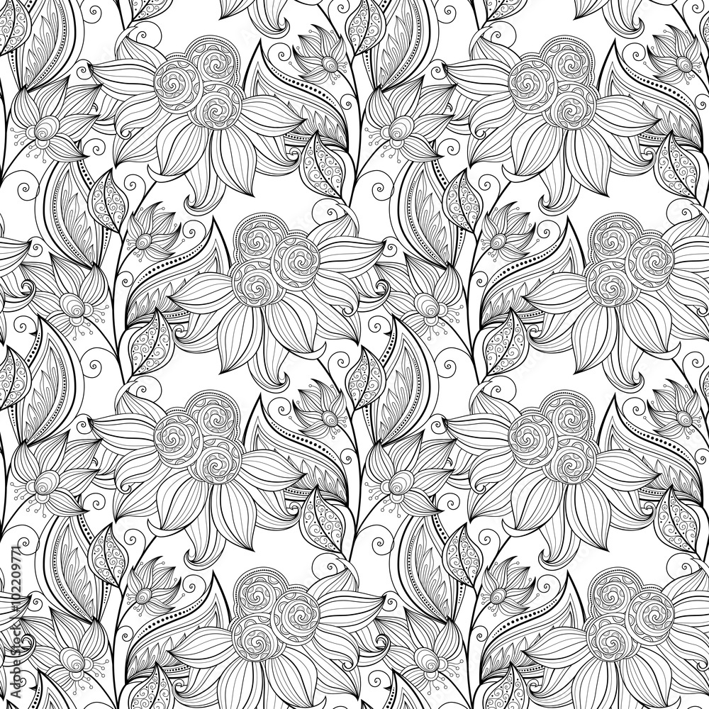 Vector Seamless Monochrome Floral Pattern