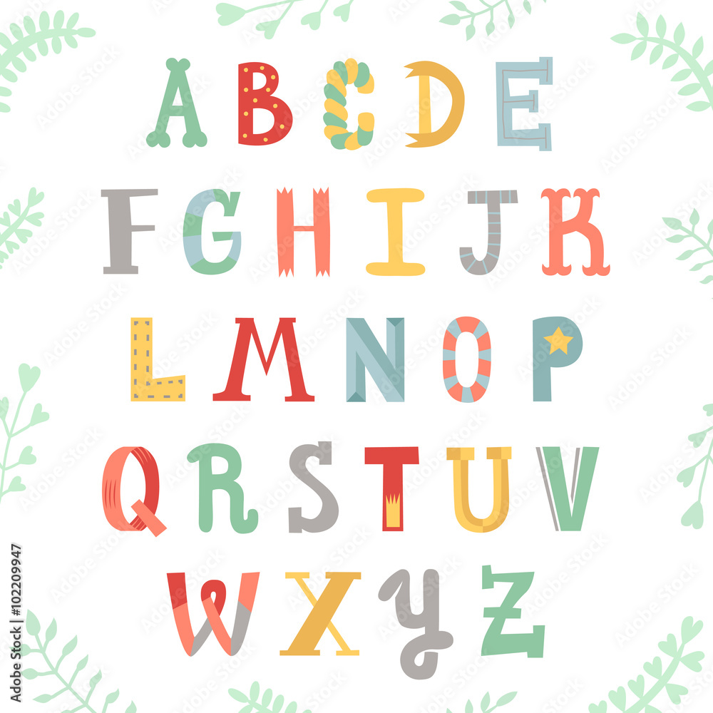 Funny handwritten multicolored alphabet. Lettering with plants. Hipster and vintage style. Perfect for your design!