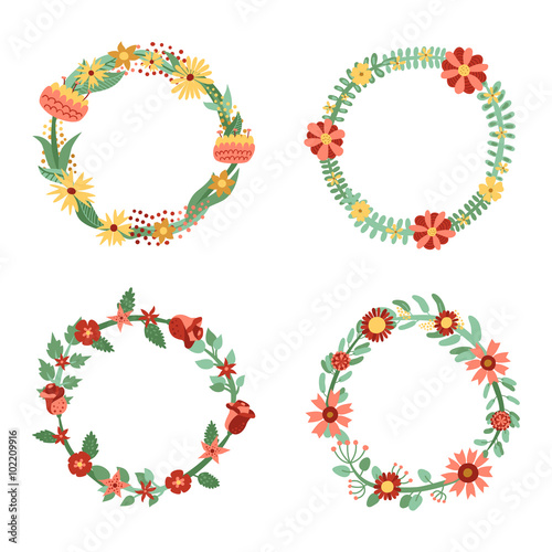 Floral circle frames vector set. Cartoon vintage style. Perfect for your design!